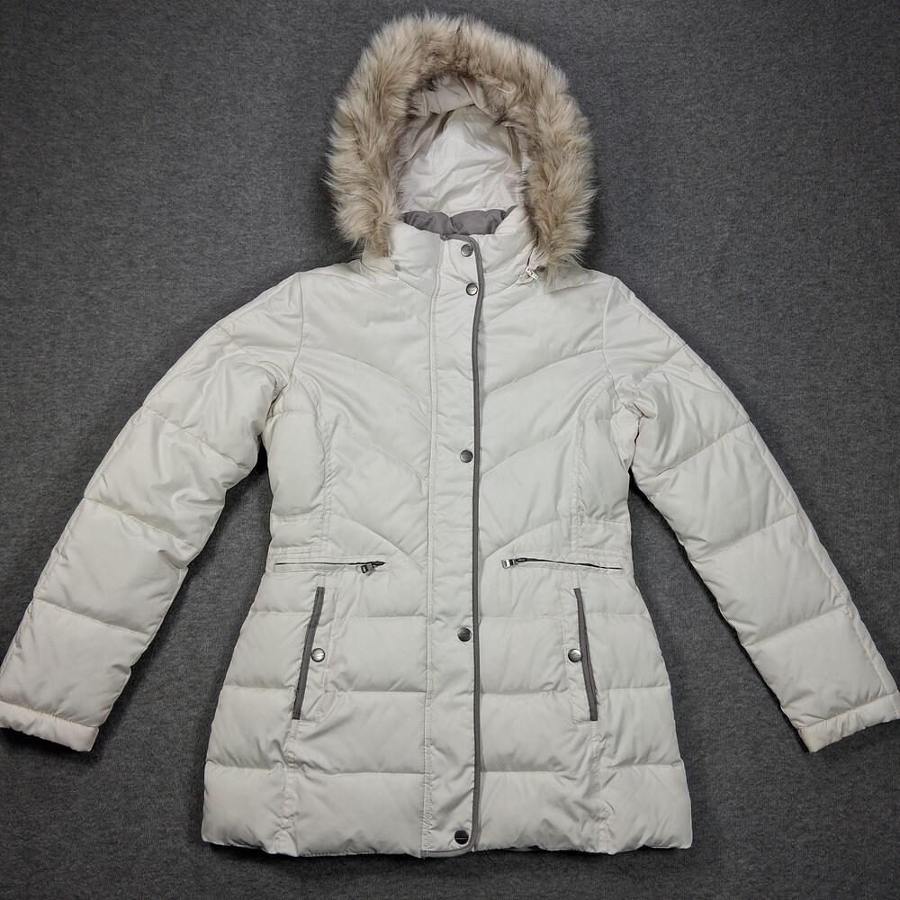 Larry Levine Puffer Jacket Womens XS White Faux Fur Hooded Quilted Winter Coat